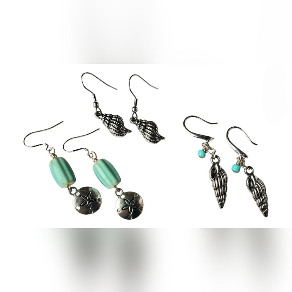 Three Pairs of Beach Theme Earrings - Silver